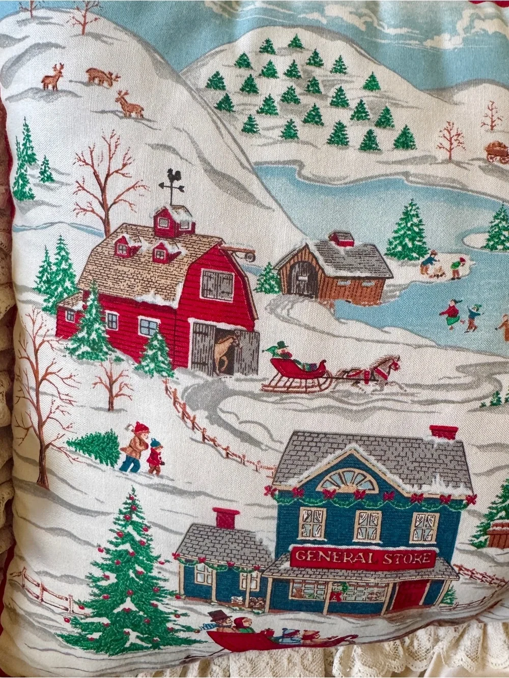 Vintage Handmade Holiday Village Ruffled Pillow Covers - Cream, Red & Blue